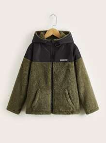 SHEIN Boys Letter Graphic Zip Up Colourblock Hooded Flannel Jacket - Multicolor - View 1