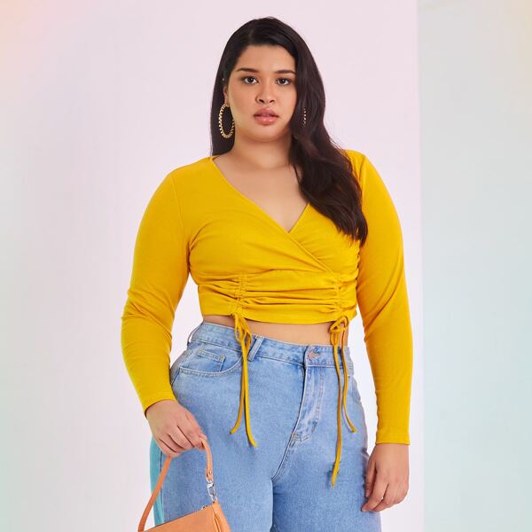 

Plus Drawstring Front Crop Tee, Mustard yellow