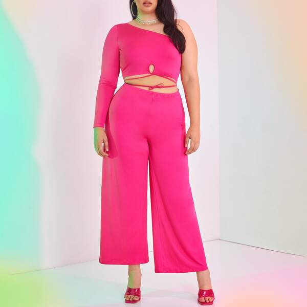 

Plus One Shoulder Crisscross Knot Top & Wide Leg Pants, Hot pink