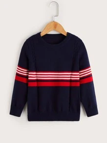 Toddler Girls Striped Cable Knit Jumper - Navy Blue - View 1