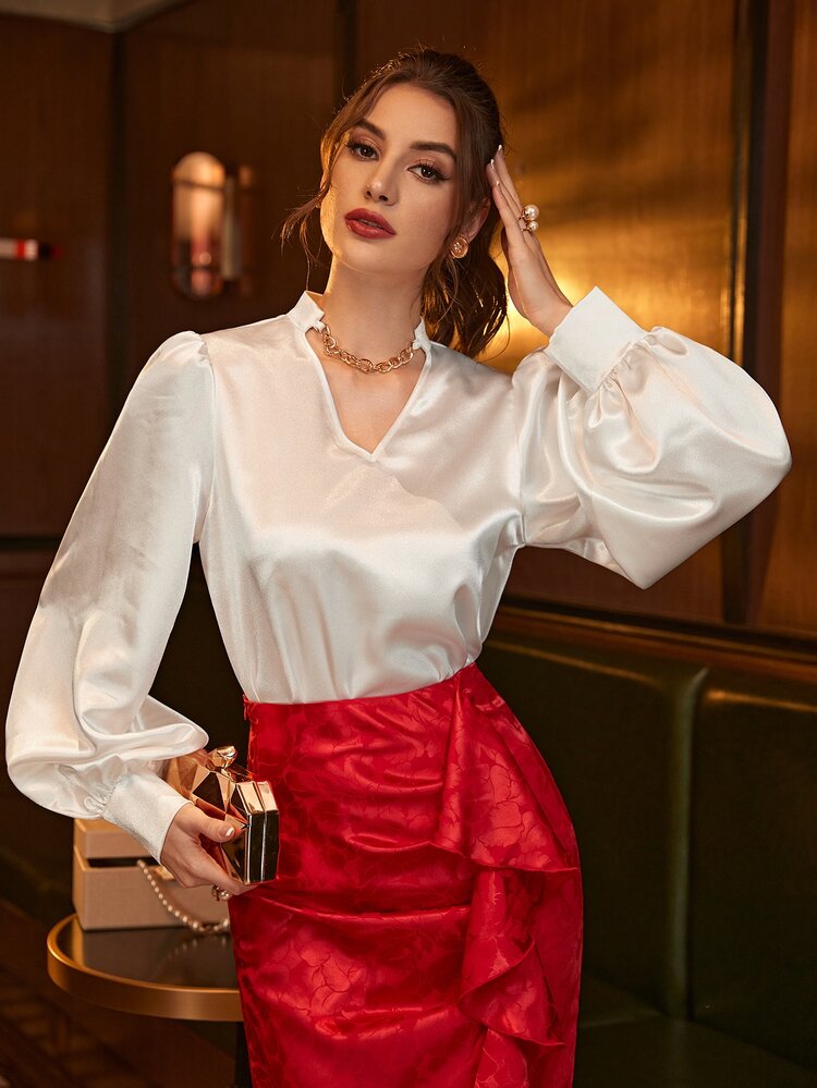 Modelyn Chain Detail Lantern Sleeve Blouse - White - View 4