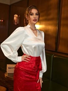 Modelyn Chain Detail Lantern Sleeve Blouse - White - View 5