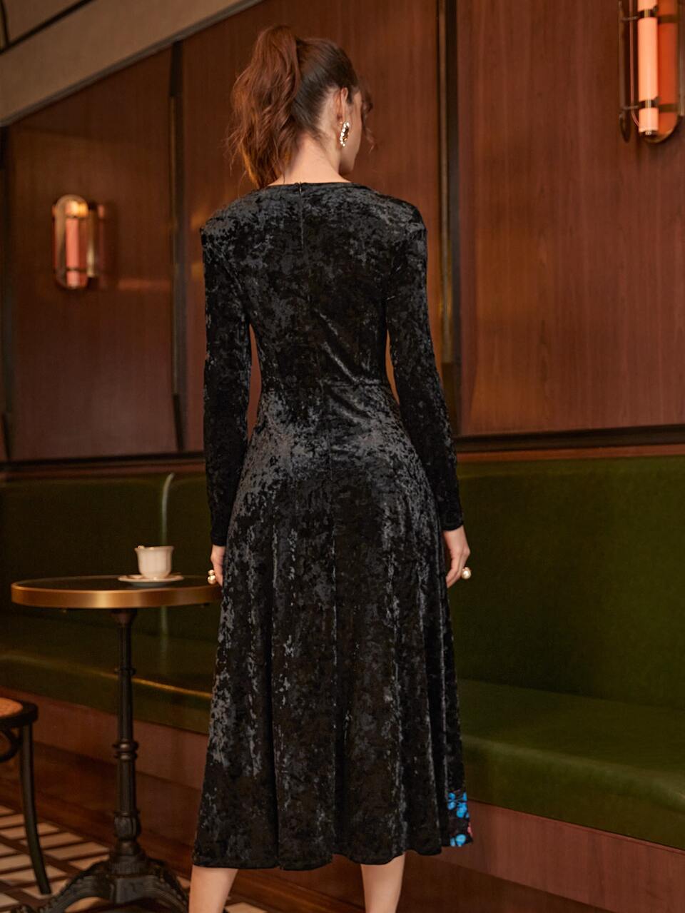 Floral Print Square Neck Wrap Hem Velvet Dress Without Belt