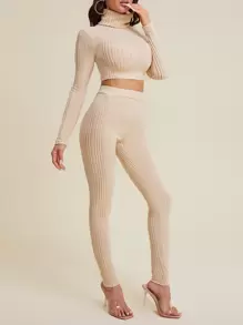 SHEIN High Neck Ribbed Knit Crop Top & Leggings - Apricot - View 1
