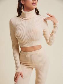 SHEIN High Neck Ribbed Knit Crop Top & Leggings - Apricot - View 3