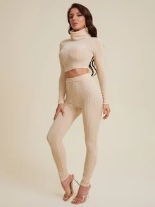 SHEIN High Neck Ribbed Knit Crop Top & Leggings - Apricot - View 4