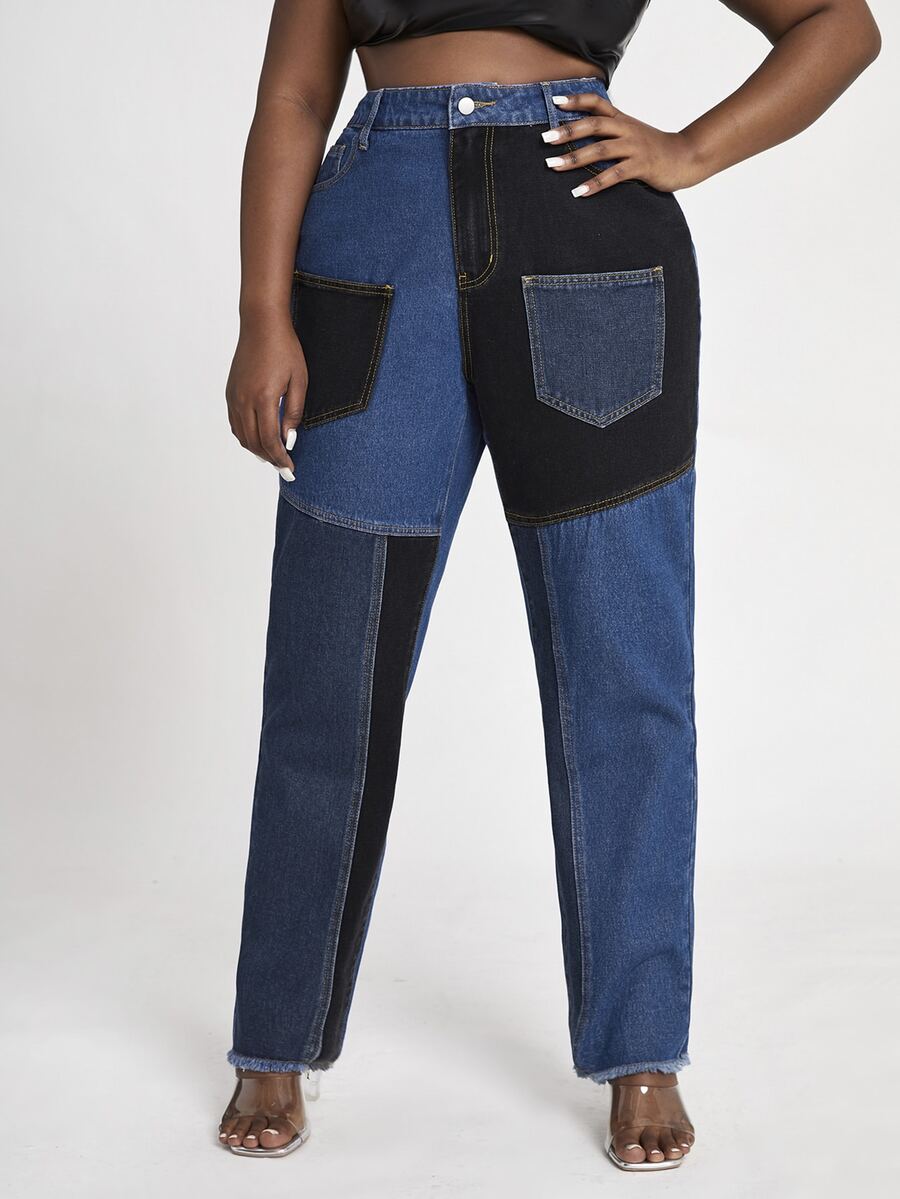 大碼高腰撞色頂針毛邊媽媽牛仔褲 - 彩色 - 查看 1