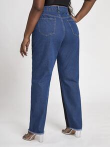 大碼高腰撞色頂針毛邊媽媽牛仔褲 - 彩色 - 查看 2