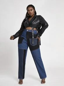 大碼高腰撞色頂針毛邊媽媽牛仔褲 - 彩色 - 查看 3