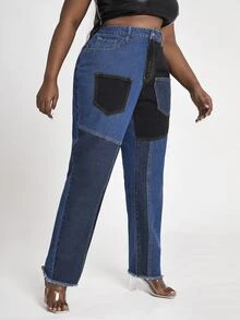 大碼高腰撞色頂針毛邊媽媽牛仔褲 - 彩色 - 查看 4