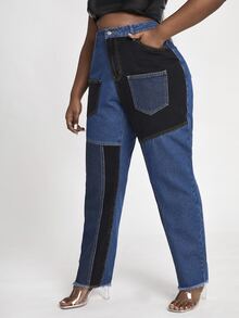 大碼高腰撞色頂針毛邊媽媽牛仔褲 - 彩色 - 查看 5