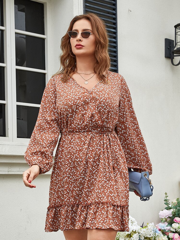 SHEIN 大碼小碎花燈籠袖荷葉邊繫腰帶洋裝 - 彩色 - 查看 3