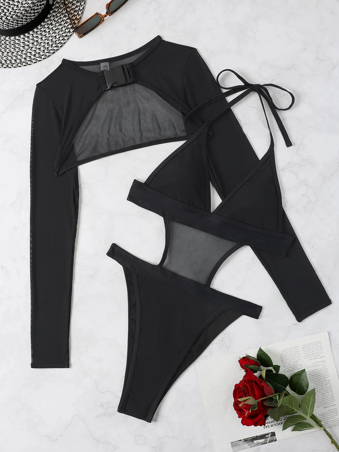 Plain Contrast Mesh Release Buckle One Piece Swimsuit With Cover Up SHEIN USA