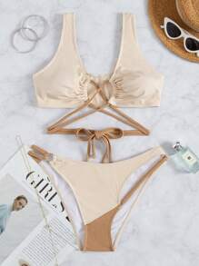 Rib Tie Back Bikini For Summer Beach - Beige - View 6