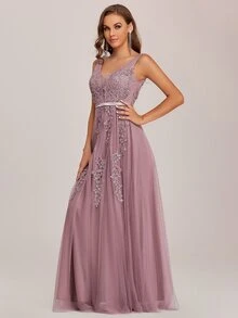 EVERPRETTY Applique Detail Low Back Mesh Bridesmaid Dress - Dusty Pink - View 6
