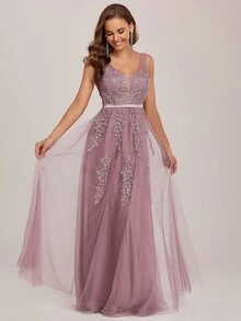 EVERPRETTY Applique Detail Low Back Mesh Bridesmaid Dress - Dusty Pink - View 7