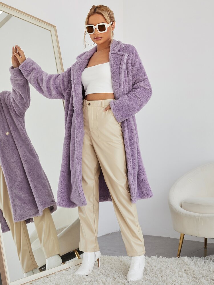 SHEIN 西裝領落肩袖雙排釦絨毛外套 - 紫丁香色 - 查看 1