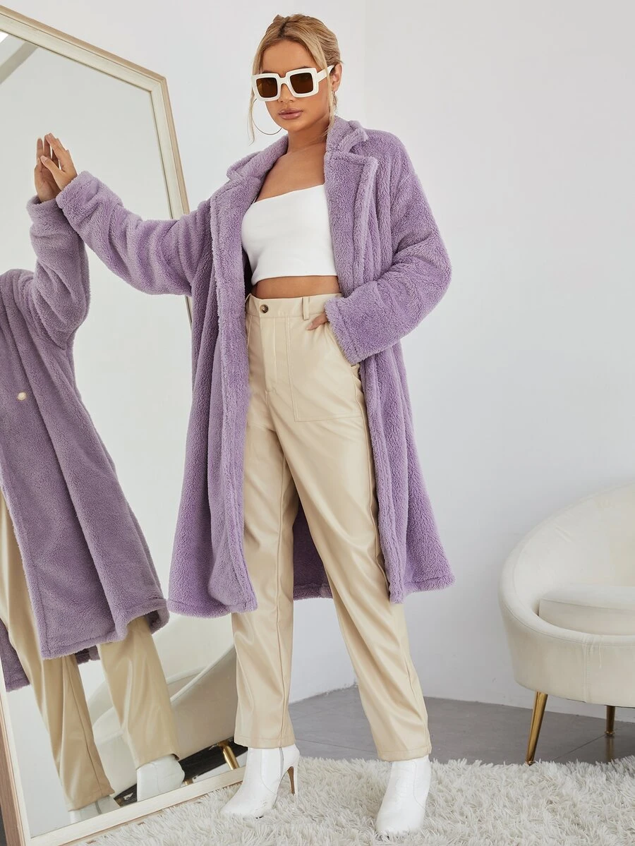 SHEIN 西裝領落肩袖雙排釦絨毛外套 - 紫丁香色 - 查看 1