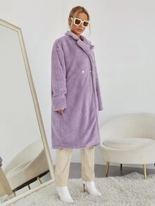 SHEIN 西裝領落肩袖雙排釦絨毛外套 - 紫丁香色 - 查看 3