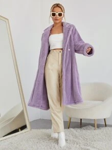 SHEIN 西裝領落肩袖雙排釦絨毛外套 - 紫丁香色 - 查看 4