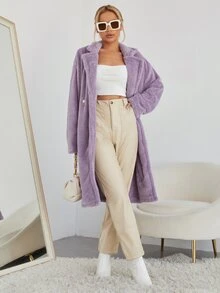 SHEIN 西裝領落肩袖雙排釦絨毛外套 - 紫丁香色 - 查看 5