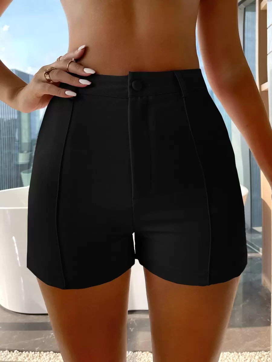 RueChic Zipper Fly Seam Detail Shorts - Black - View 1