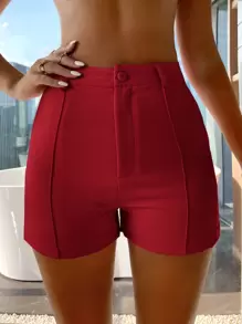 SHEIN SXY 高腰緊身短褲 - 酒紅色 - 查看 2