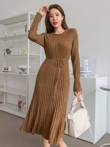 DAZY 條紋針織腰帶毛衣裙 - 棕色 - 查看 1