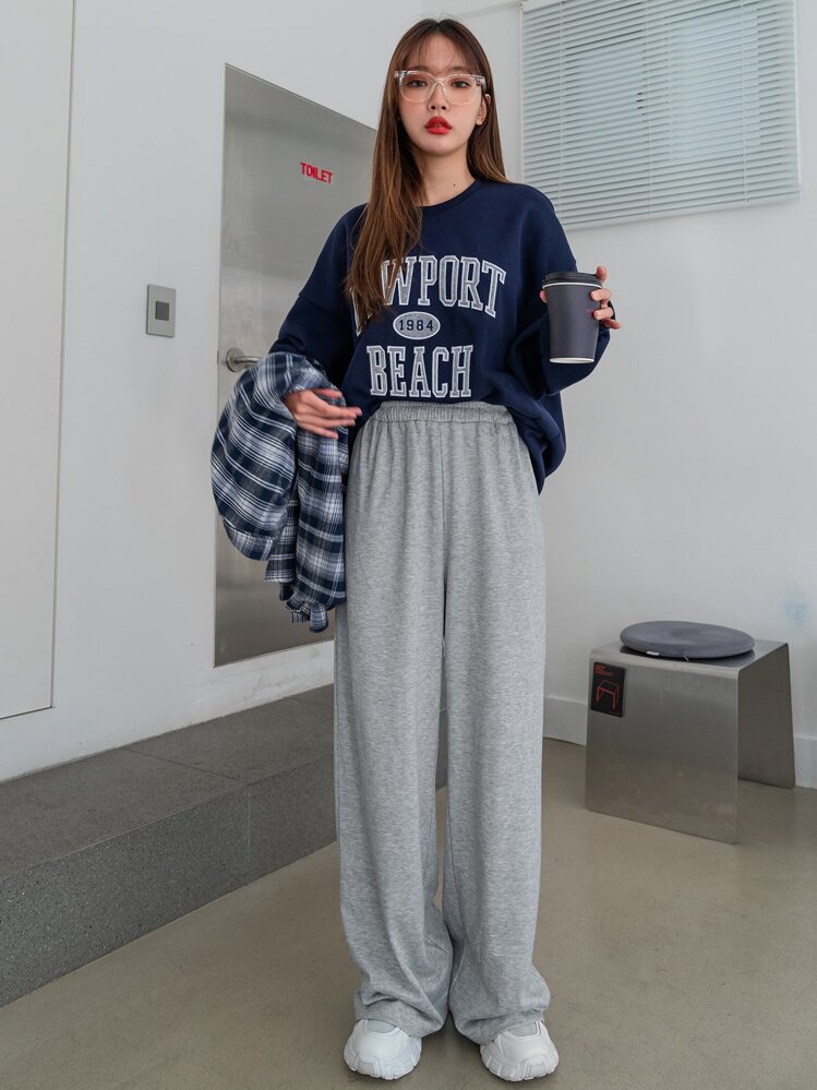 DAZY Solid Elastic Waist Joggers - Grey - View 3