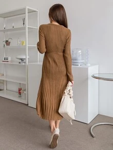 DAZY 條紋針織腰帶毛衣裙 - 棕色 - 查看 2