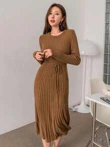 DAZY 條紋針織腰帶毛衣裙 - 棕色 - 查看 3