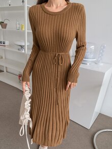 DAZY 條紋針織腰帶毛衣裙 - 棕色 - 查看 4