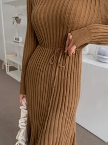 DAZY 條紋針織腰帶毛衣裙 - 棕色 - 查看 5