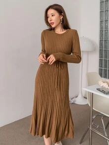 DAZY 條紋針織腰帶毛衣裙 - 棕色 - 查看 7