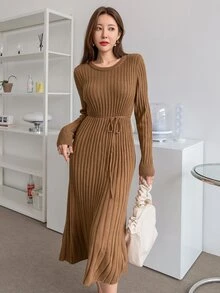 DAZY 條紋針織腰帶毛衣裙 - 棕色 - 查看 8