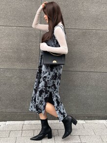 DAZY Váy hai dây nhung nhuộm loang không có áo phông, bèo nhún - Nhiều màu - Xem 3