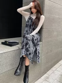 DAZY Váy hai dây nhung nhuộm loang không có áo phông, bèo nhún - Nhiều màu - Xem 1