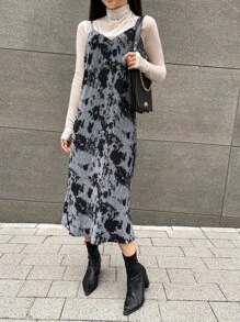 DAZY Váy hai dây nhung nhuộm loang không có áo phông, bèo nhún - Nhiều màu - Xem 4