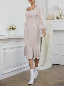 Modelyn 粗花呢方領泡泡袖魚尾連衣裙 - 藕粉色 - 查看 3