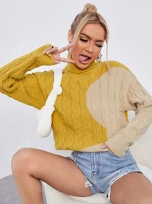 SHEIN Damskie Swetry Kolorowy Blok Codzienny - Musztardowy żółty - Zobacz 1