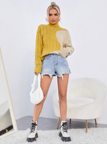 SHEIN Damskie Swetry Kolorowy Blok Codzienny - Musztardowy żółty - Zobacz 3