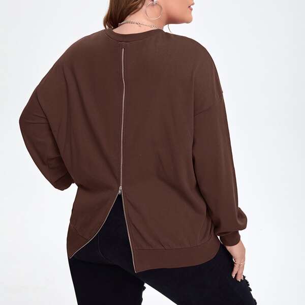 

Plus Split Hem Drop Shoulder Sweatshirt, Coffee brown
