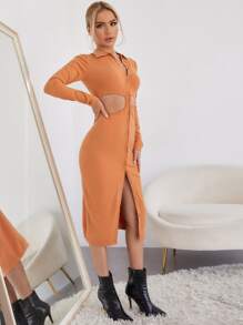 SHEIN BAE Vestido de punto con botón con abertura delantera - Naranja Coral - Ver 3