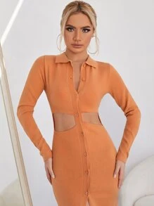 SHEIN BAE Vestido de punto con botón con abertura delantera - Naranja Coral - Ver 5