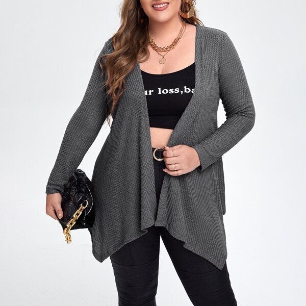 

Plus Asymmetrical Hem Waffle Knit Coat, Dark grey