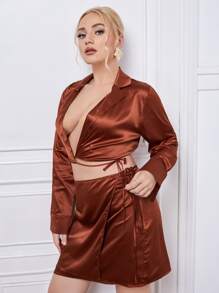 SHEIN Unity Plus Lapel Neck Wrap Knot Side Satin Top & Skirt - Rust Brown - View 5