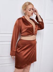 SHEIN Unity Plus Lapel Neck Wrap Knot Side Satin Top & Skirt - Rust Brown - View 1