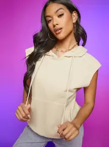 SHEIN Drawstring Kangaroo Pocket Front Sleeveless Hoodie - Apricot - View 1