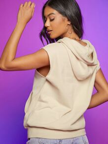 SHEIN Drawstring Kangaroo Pocket Front Sleeveless Hoodie - Apricot - View 2