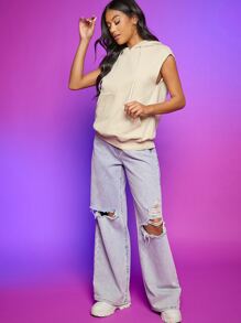 SHEIN Drawstring Kangaroo Pocket Front Sleeveless Hoodie - Apricot - View 5